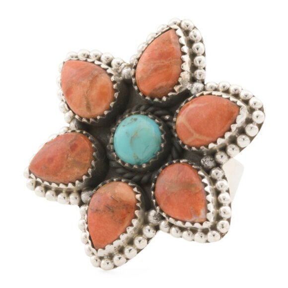 SHIVAM Made In India Sterling Silver Mohave Turquoise Flower Ring - Picture 1 of 2